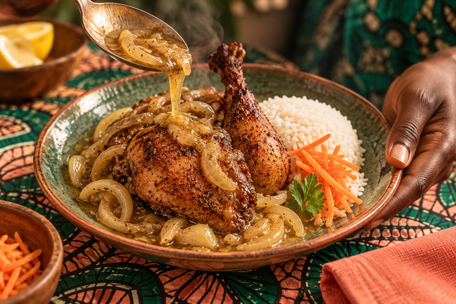 Pollo yassa terminado con su salsa de cebolla