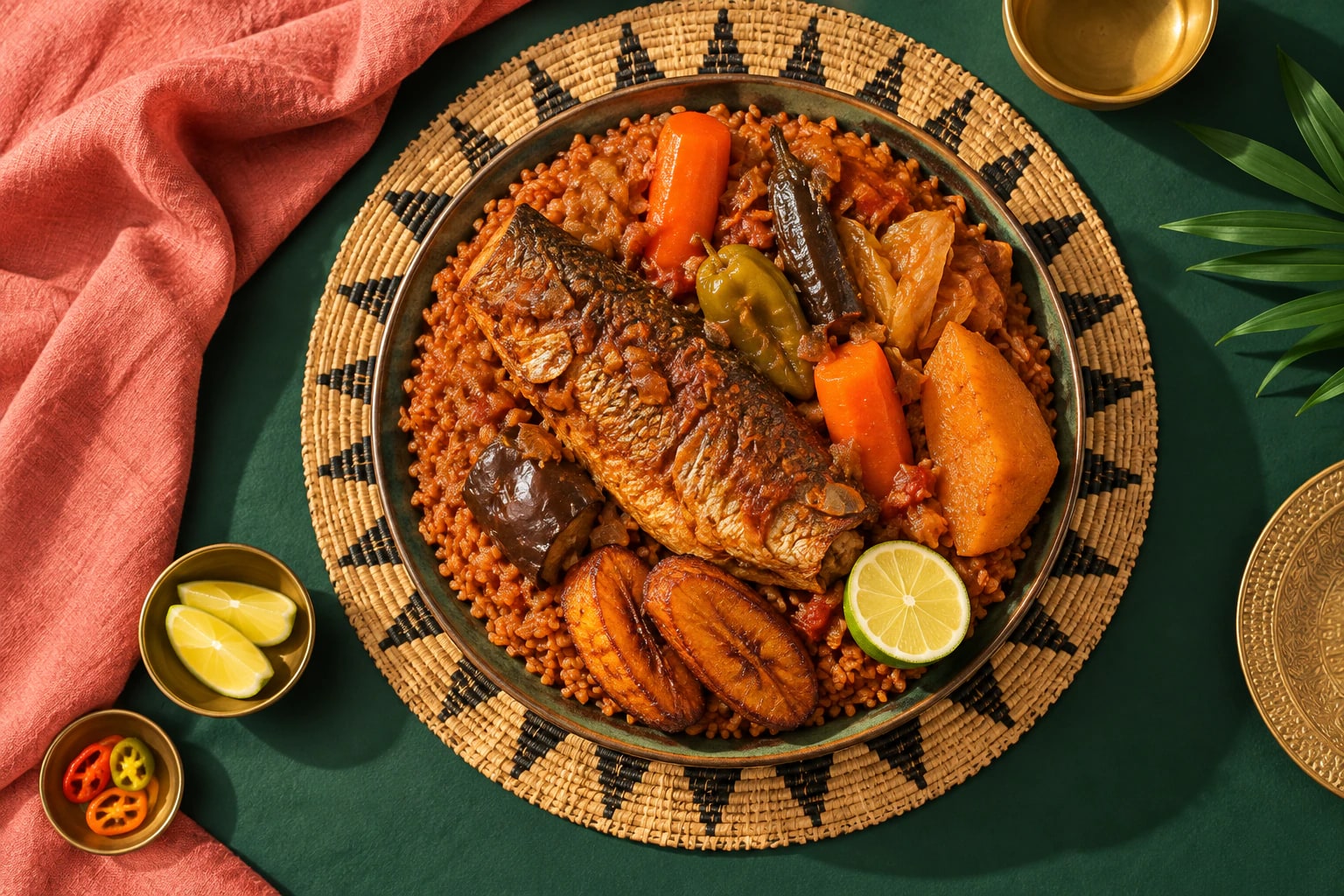 Thieboudienne con pescado y verduras visto desde arriba