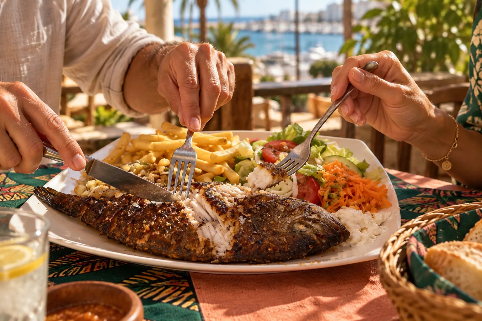 Comensales de Málaga compartiendo pescado con cubiertos