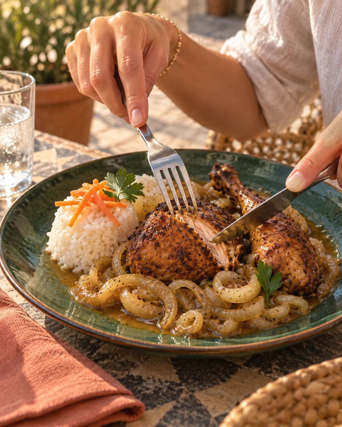 Comensal de Málaga probando pollo yassa con cubiertos