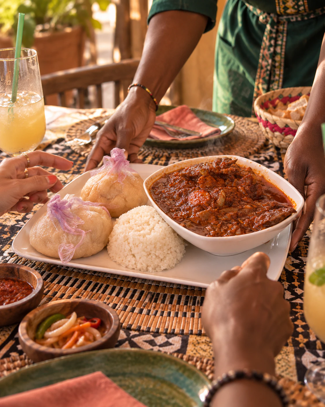 Plato senegalés servido al centro de una mesa compartida