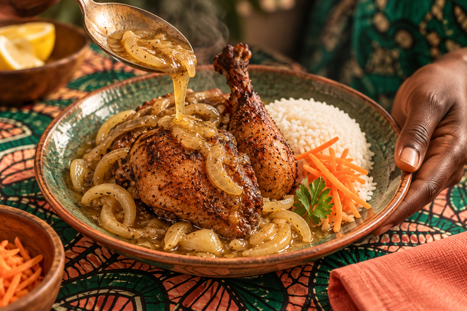 Pollo yassa terminado con su salsa de cebolla