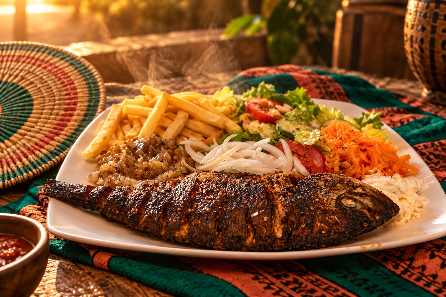 Pescado a la parrilla con guarniciones al atardecer
