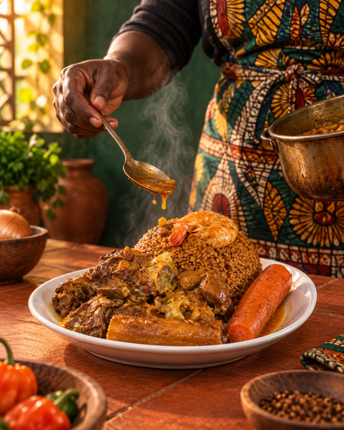 Cocinera terminando un plato de arroz y verduras