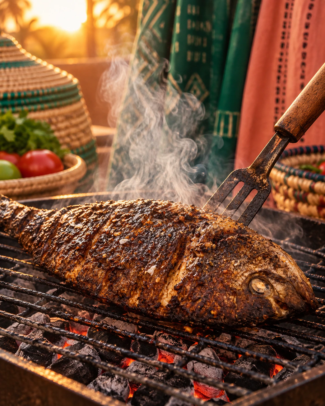 Pescado entero cocinándose sobre brasas